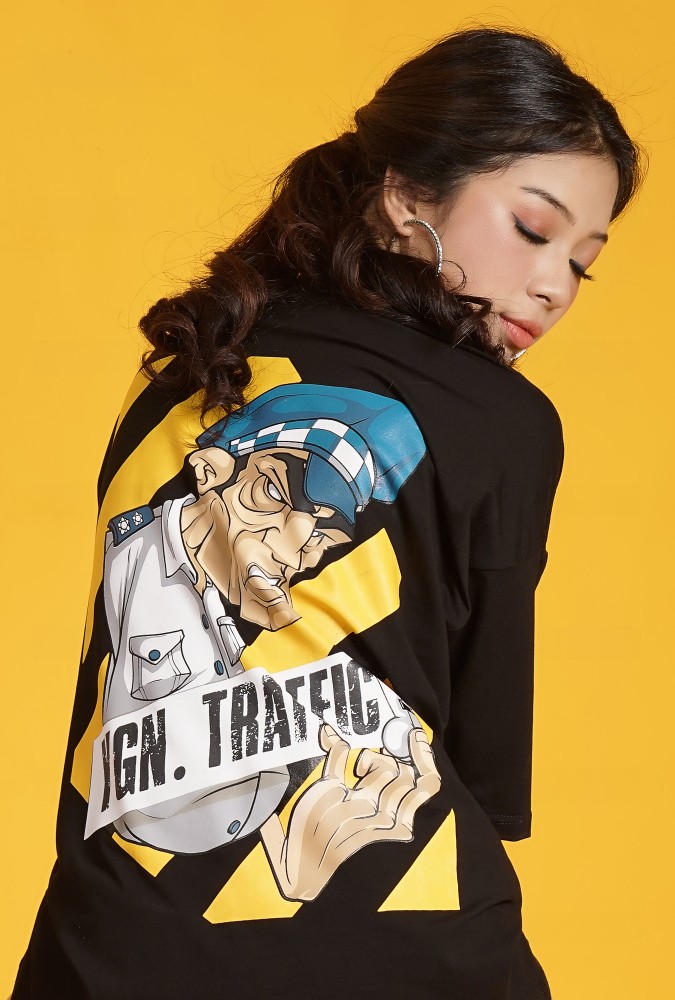 Ygn Traffic Police Oversized T-Shirt Girl  (Black)